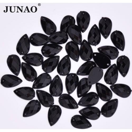JUNAO 8*13mm Sewing Black Color Teardrop Rhinestones Flat back Acrylic Crystal Stones Applique Sewn Strass Diamond for Dress