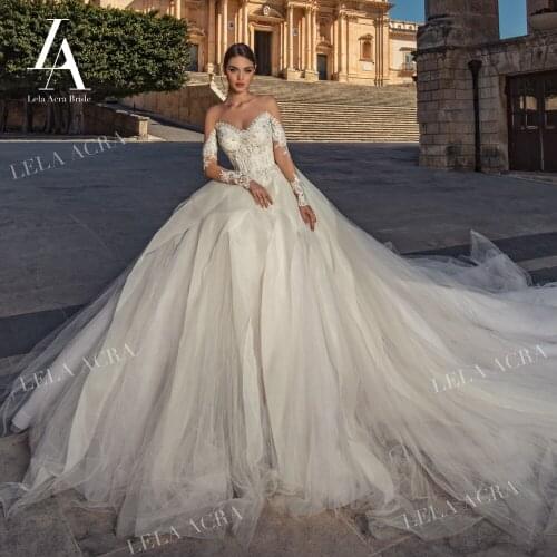 Charming Appliques Wedding Dress Sweetheart Long Sleeve Ball Gown Luxury Princess Train LelaAcra JK13 Bride Vestido De Noiva
