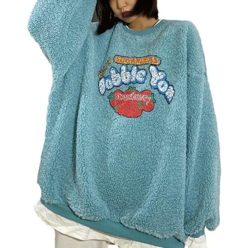 2020 Autumn And Winter Version Plus Velvet Thick Women Pullover Loose Casual Cartoon Stitching Fake Two-piece Lamb Hair Girl Top