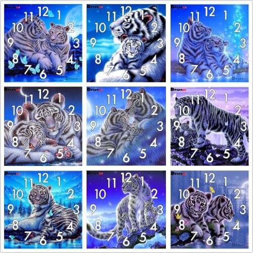 Dpsprue Full Diamond Painting Cross Stitch Animal Tiger Wolf With Clock Mechanism Mosaic 5D Diy Square Round 3d Embroidery Gift