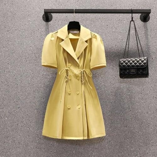 Plus Size Women Vintage Blazer Shirt Dress Office Ladies Elegant Double-breasted Short Sleeve Pleated Jacket Dresses 2021 Summer
