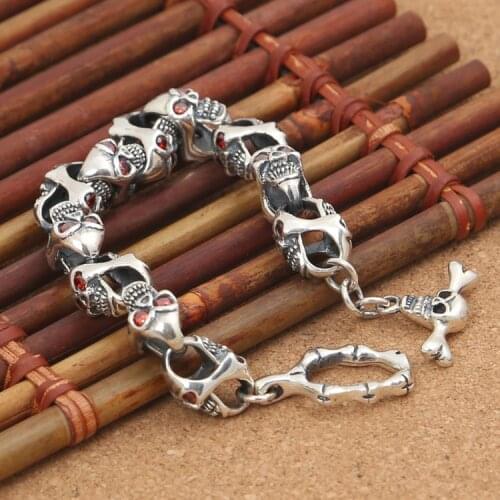 Handcrafted Thailand 925 Silver Skeleton Bracelet Vintage Sterling Silver Skull Head Bracelet Real Pure Silver Skull Bracelet