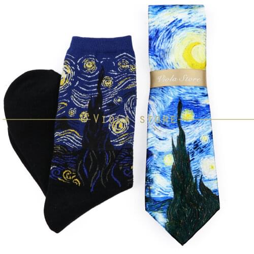 Stary Night Oil Painting Polyester 8cm Tie Cotton Socks Set Men Interesting Design Artist Necktie Gift Shirt Cravat Accessory