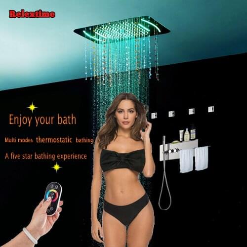 Crystal quartz Nozzle Glow LED Ceiling Shower Head Bathroom Thermostatic Concealed Shower Panel With Towel Shelf Massage Jets