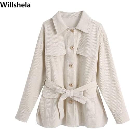 Willshela Women Fashion Corduroy Jacket with Waist Sashes Single Breasted Long Sleeves Vintage Woman Shirt Coat Chic Lady Outfit