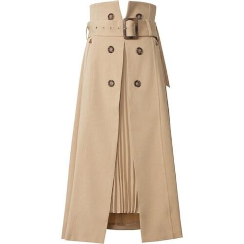 High Waist Skirt Women Office Lady Elegant Double Breated Sashes Pleated Midi Skirt 2020