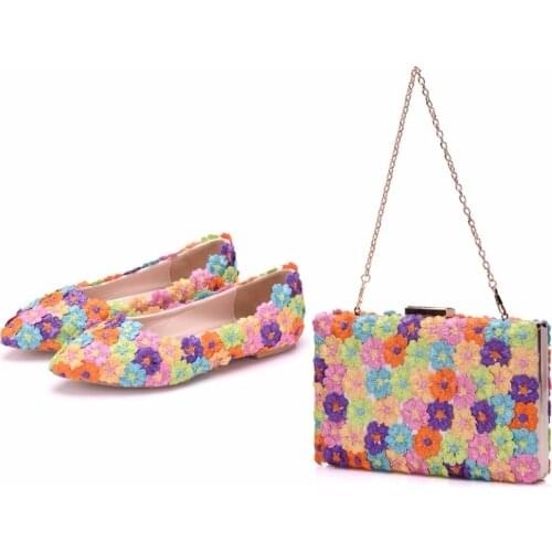 Crystal Queen Multicolor Flower Shining Crystal Womens Flat Wedding Shoes Matching Bags Clutches Flats Female Lady Party Shoes