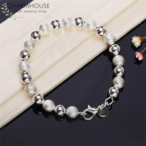 Pure 925 Silver Bracelets for Women 8mm Bead Ball Chain Bracelet & Bangles Wristband Wedding Bridal Jewelry Accessories Pulseira