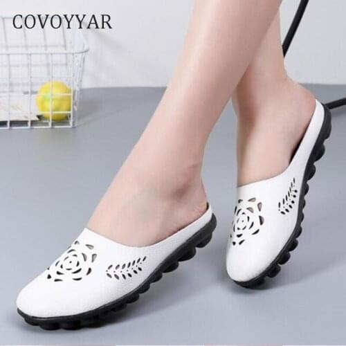 COVOYYAR 2019 Wedge Women Slippers Summer Cut Out Leather Shoes Slides Lady Sandals Anti-Slip Soft White Shoes Big Sizes WSL629