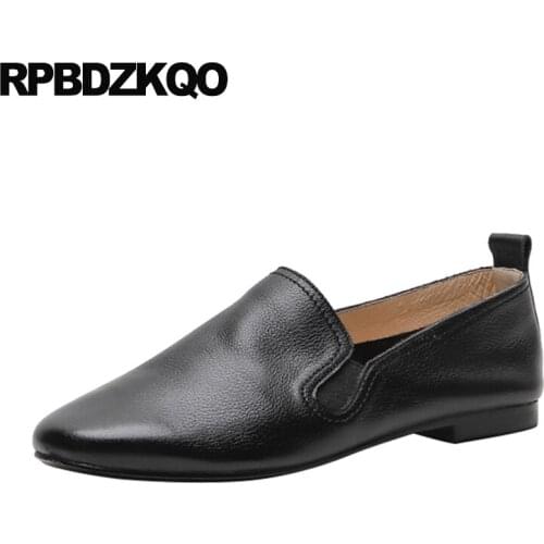 Black slip on flats chinese office genuine leather round toe brown china comfortable designer shoes women luxury 2019 ladies