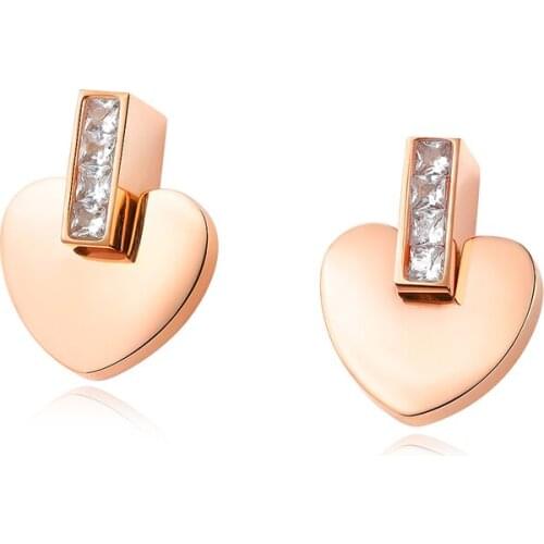 Rose Gold Cubic Zirconia Women Wedding Stud Earrings Jewelry Stainless Steel Cute Never Fade Heart Earrings E17121