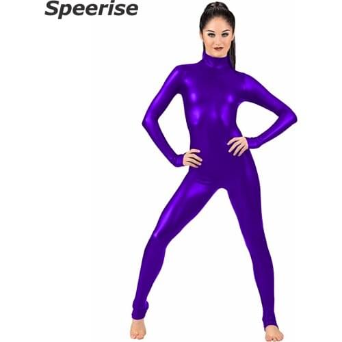 Womens Adult Long Sleeve Shiny Metallic Unitard Costume Spandex Ballet Full Bodysuit Dance Ballet Gymnastics Catsuit Mock Neck