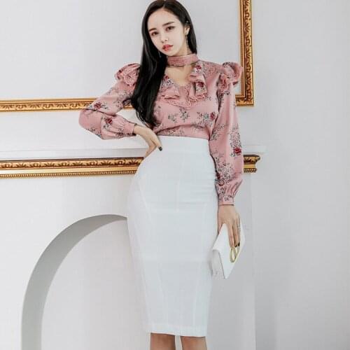 New Arrival Fashion Women Spring OL Temperament Sweet Pink Long Sleeve Print Ruffle Shirt And white Pencil Skirt Two Piece Set