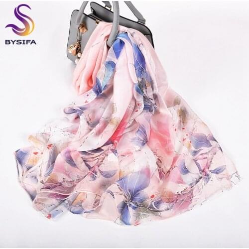 [BYSIFA] Women Blue Pink Silk Scarf 2020 Autumn Winter New Long Scarves Shawls Design Long Scarves Brand Floral Neck Head Scarf