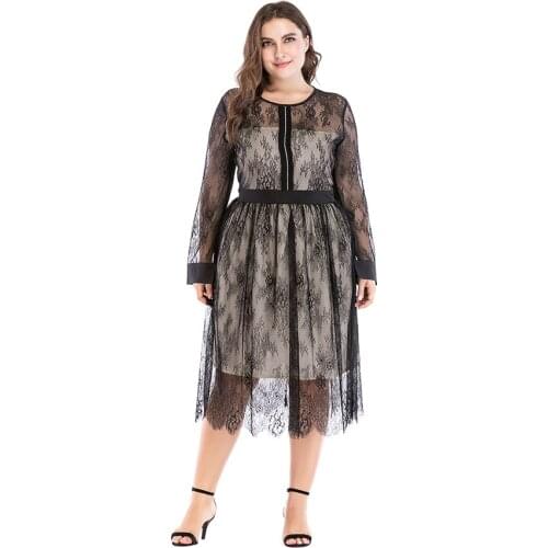 Plus Size Dresses For Women 4xl 5xl 2019 New O-Neck Diamonds Summer Casual Lace Long Sleeve Dresses