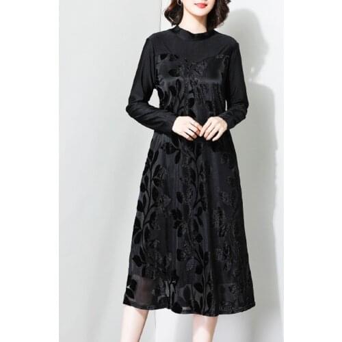 Fall Spring 2019 Women Woman Velour Patchwork Long Sleeve Loose Elegant Black Dress , Female Womens 3xl Fashion Velour Dresses