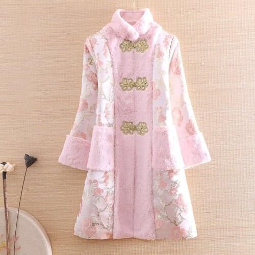 Winter Women Fur Collar Wool Parka Outerwear Retro Jacquard Elegant Lady Warm Luxurious Plus Size Trench Coat Female S-XXXL