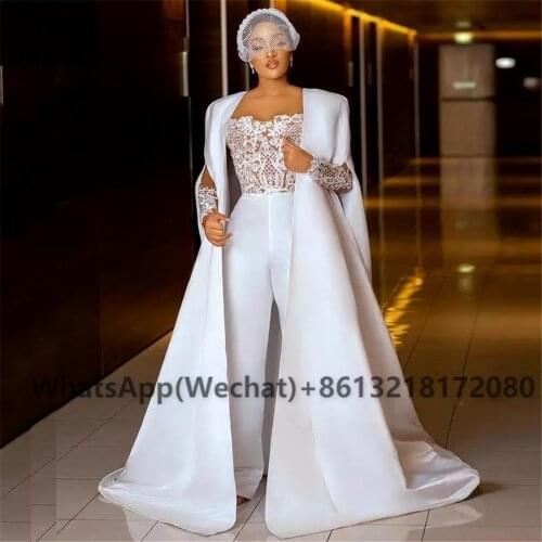 2021 White Lace Jumpsuit Wedding Dresses Long Sleeve Outfit Pleated Ruched African Plus Size Wedding Bridal Gowns