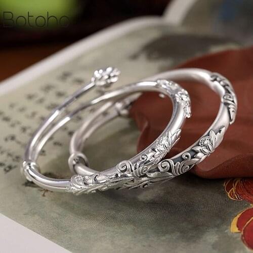 100% Real 999 Pure Silver colour Bangles for Women Thai Silver colour Lotus Bangle Adjustable Push-pull Retro Handmade Bijoux