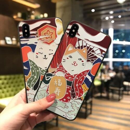Phone Case for Samsung S10e S8 9 10 20 21 Ultra Plus Note8 9 10 20 Ultra Plus Japan Kimono Cat 3D Emboss Back Covers Girl Cases