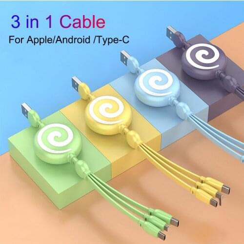 3 in 1 Type C Micro USB Cable For Apple iPhone Huawei Retractable 3A Fast Charging Cable USB Wire Cord Liquid Silicone Cables 1M