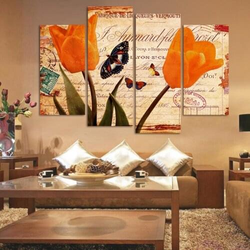 Classic Wall Pictures 4 Piece Canvas Art butterfly tulip Flowers painting Home Decorative Art Picture Print On Canvas unframed