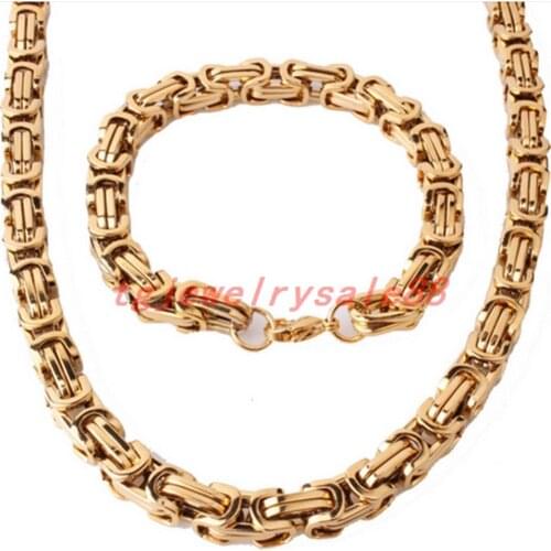 8mm Wide Fashion Gold Stainless Steel Byzantine Chain Necklace(20-28")&Bracelet(8-10") Sets Jewelry Cool Mens Best Xmas