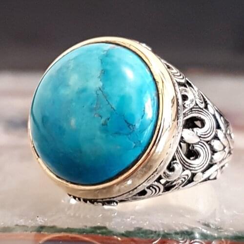 925 sterling Silver Turquoise Gemstone Round Men Rings