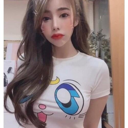 Summer Short Cute Cartoon T-Shirt Lovely Cat Print Crop Tops Hottie Lolita Bare-Midriff Sexy Tight Sleeve Harajuku Graphic Tee