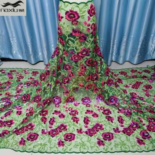 Madison Green African Sequins Lace Fabric 2021 High Quality Embroidery French Tulle Nigerian Lace Fabrics For Wedding Sew
