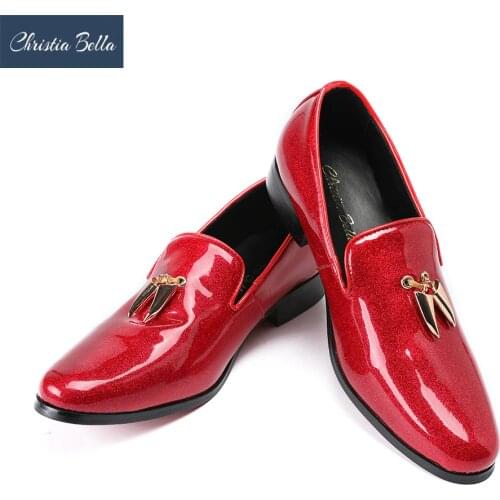 Christia Bella Fashion Men Flats Shoes Handmade Shiny Red Party and Wedding Men Dress Loafers with Metal Shark Tooth Mocassins