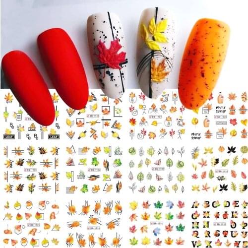 Autumn Nail Stickers Set Lines Maple Leaves Pumpkin Water Transfer Sliders Decals Nail Art Foil Decoration NFBN1921-BN1932
