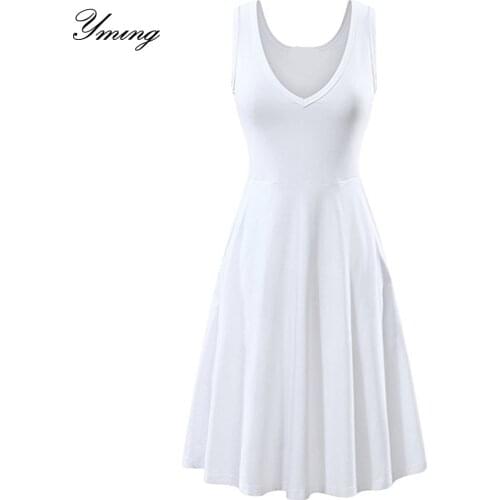 YMING Womens Summer V-neck Pocket Dress Solid Color Womens Sleeveless Midi Dresses Pocket Dress Vest Pocket Dress