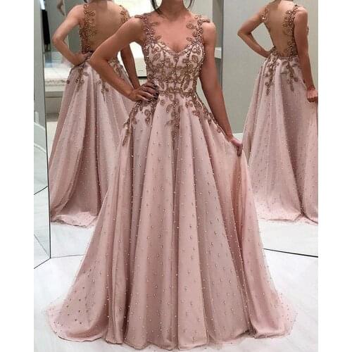 Pearls prom dresses 2020 pink sweetheart neckline lace appliques a line tulle long evening dresses vestido gala
