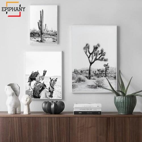 Desert Cactus Print Joshua Tree Black and White Boho Wall Art Decor Camel Animal Poster Modern Wall Pictures for Living Room