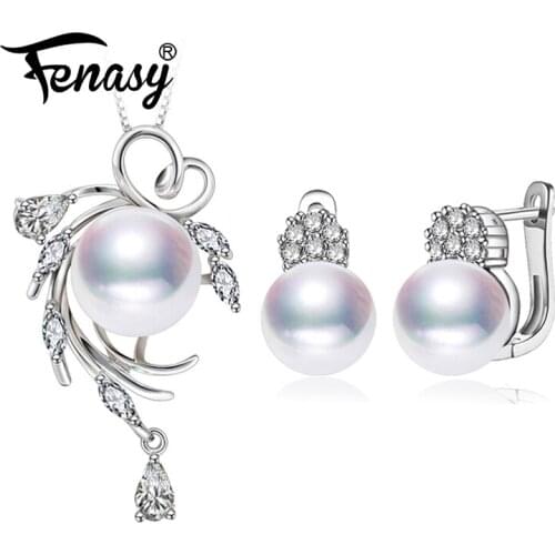 FENASY 925 Sterling Silver Jewelry Sets Natural Pearl Stud Earrings Custom Bohemian Crystal Pendant Chain Necklace For Women