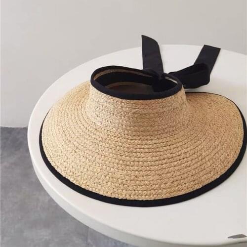 Empty Straw Hat Women Summer Hand-woven Raffia Empty Top Large Brim Casual Straw Hat Bowknot Black Ribbon Decoration Beach Cap