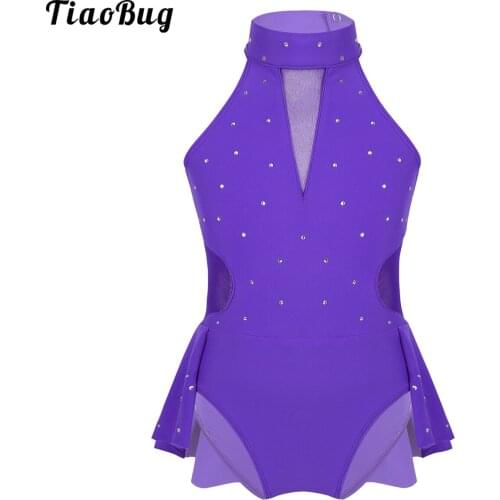 TiaoBug Kid Girls Sleeveless Rhinestone Cutout Back Mesh Splice Leotard For Modern Contemporary Ballroom Dance Stage Performance