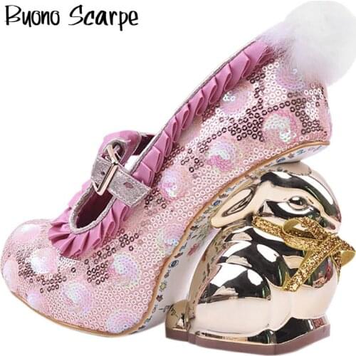 Bling Sequins Wedding Shoes Stdudds Belt Prom Pink Glitter Rabbit Heels Pumps Novelty Strange Heel Bling Dress Shoes Sweet Shoes