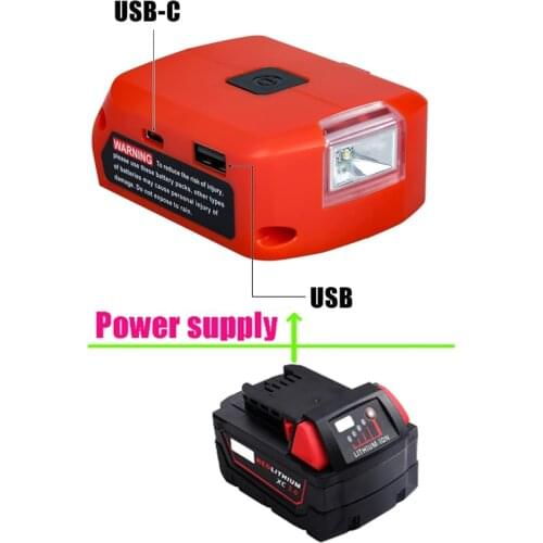 Oein For Milwaukee 18V Li-ion M18 Battery Adapter LED Light Working Lamp Flashlight Torch USB Mobile Phone Charger DC 12V Output