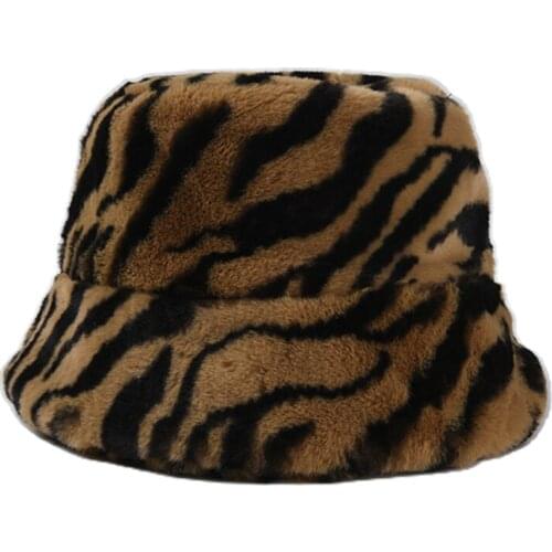 Women Vintage Leopard Zebra Print Bucket Hat Winter Fuzzy Plush Fisherman Cap X5XA