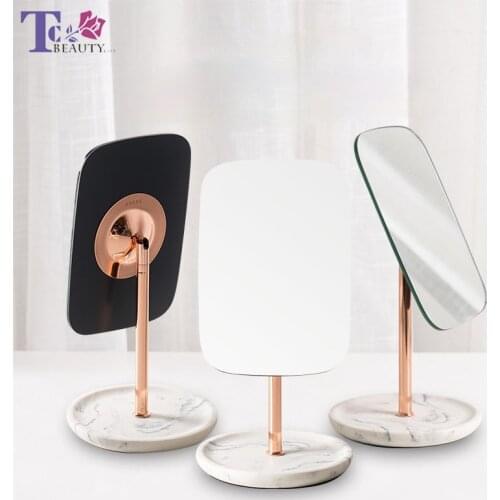 Ladies Office Dormitory Desktop Storage Square Mirror Marble Base Rose Gold 180 Degree Rotating Standing Makeup Mirror
