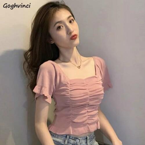 Shirts Women Puff Sleeve Pleated Square Collar Pullover Solid Elegant Chic Womens Korean Style Slim Simple Trendy Soft Sexy New