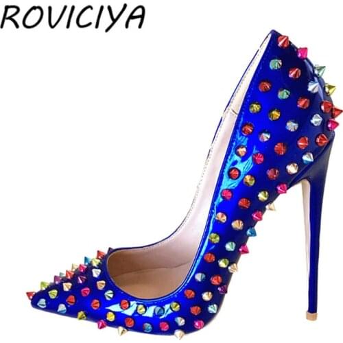 Blue pumps shoes female rivets woman bride shoes ladies shoes high heel plus size 8-12 cm 33-45 MD021 ROVICIYA