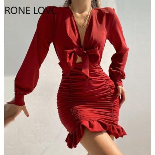 Women Solid V-neck Bowknot Ruched Hollow out Summer Sexy Party Red Dress