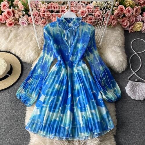 Spring Autumn Blue Printed Pleated Chiffon Mini Dress Women Elegant Ruffle Collar Puff Long Sleeve Draped Chiffon Beach Vestidos