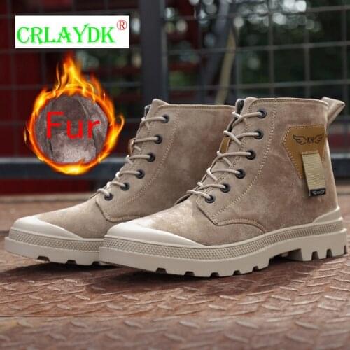 CRLAYDK Winter Suede Chukka Boots Men Leather Outdoor Hiking Fur Lined Keep Warm Work Shoes Casual Ankle Non Slip Male Booties