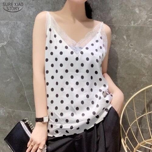 Blusas Mujer De Moda 2021 New Summer Satin Polka Dot Blouse Women Casual Sexy Lace V Neck Pullover Womens Shirts Tops 9751