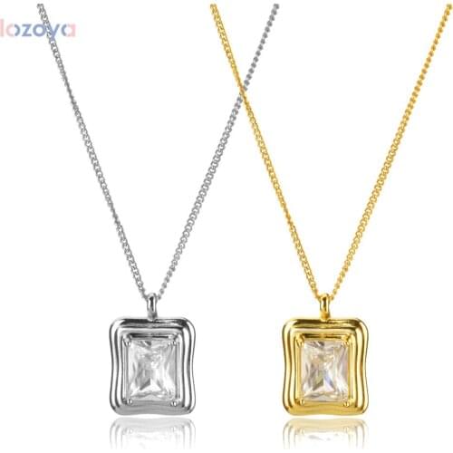 LOZOYA 925 Sterling Silver Gold Big Square Jewelry Luxury Zircon CZ Charm Necklace Long Chain Pendant Women Rock Punk Jewels