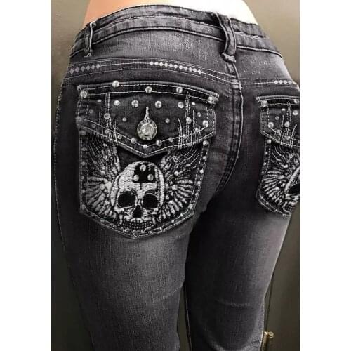 Elastic Street Style Fashion High Waist Ladies Jeans 2021 Straight Pants Comfortable Vintage Washable Skeleton Jeans Pants